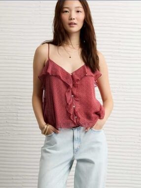 American Eagle Ruffled Cami In Burgundy Size Extra Small XS Polka Dot Sheer